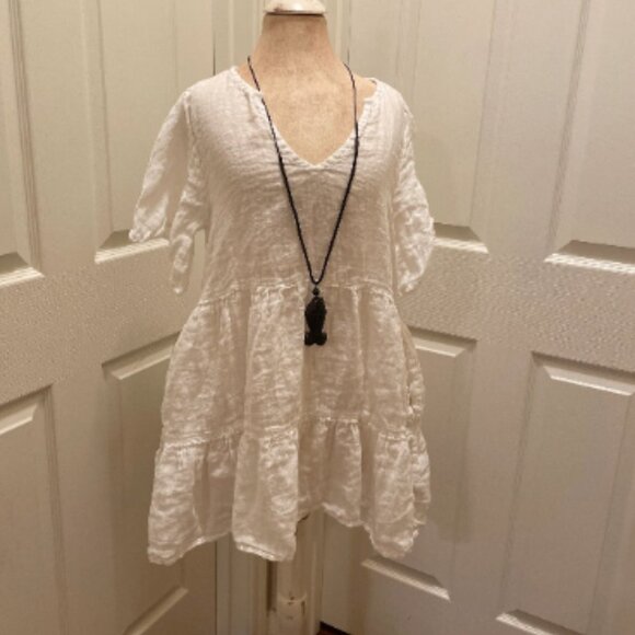 Breezy Tiered Linen Dress Size S, Wooden Lucky Tibetan Pendant, Coastal, Boho - Picture 1 of 14